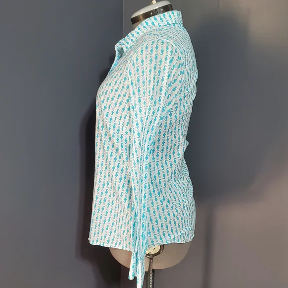 Crown & Ivy Turquoise Seahorse Long Sleeve Button Down Shirt Cotton Size L - Picture 3 of 7